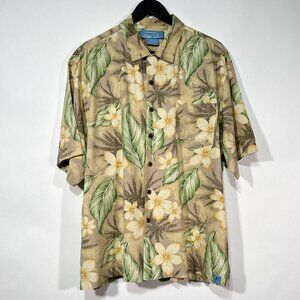 Bermuda Bay 100% Silk Tropical Flowers Leaves Button Down‎ Shirt Size L